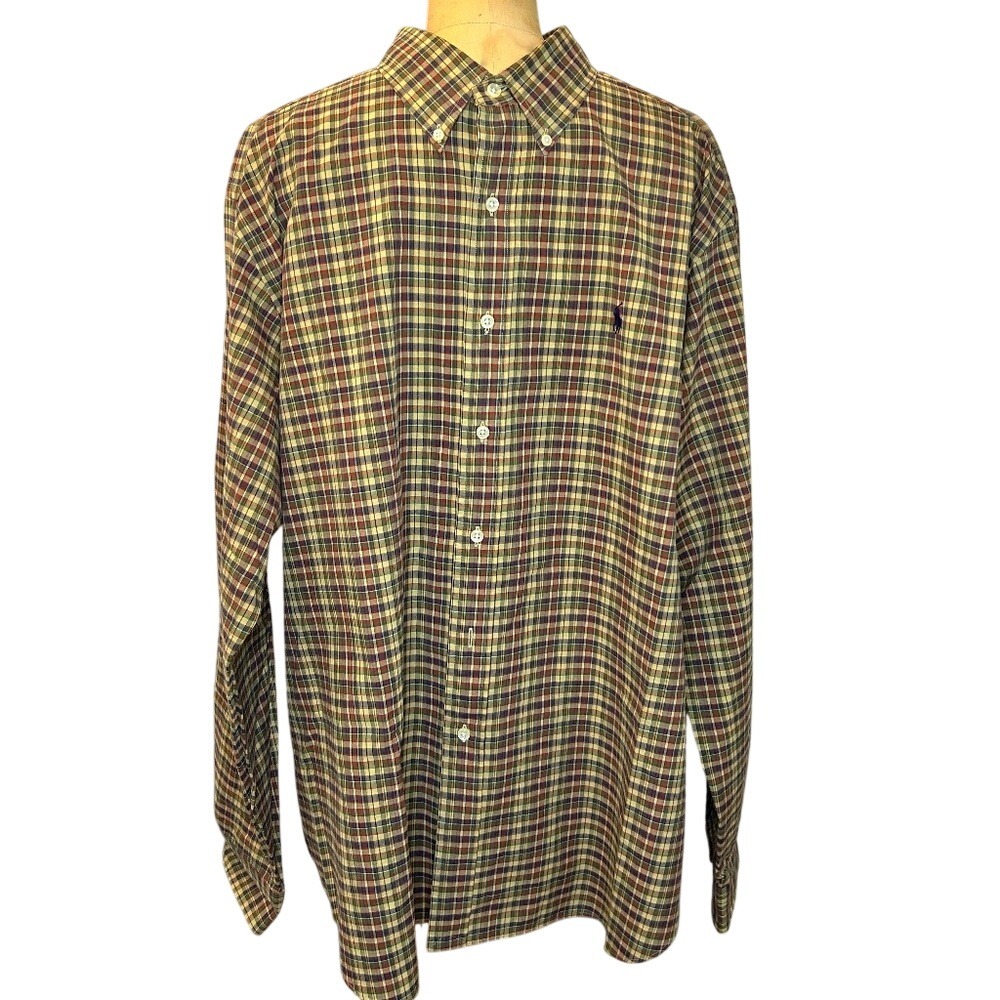 Ralph Lauren XXL Classic Fit Plaid Button Down Shirt Green Tan‎ Burgundy w/Pony